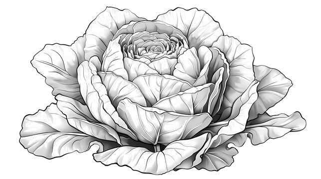 Monochrome line art illustration of a cabbage rose, showcasing detailed petals and leaves with a vintage, hand-drawn aesthetic. Ideal for floral design and botanical art projects.