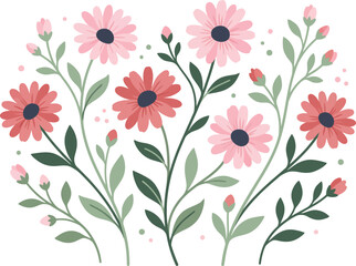 Fototapeta premium Vibrant pink and coral colored flowers with green leaves on white background