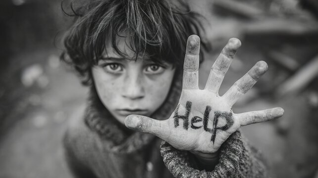 Sad child holding hand with word "help" written on palm. Сry for help of requesting support.