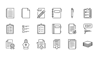 Fototapeta premium Document icons set with writing paper, notebook, pen, clipboard, checklist, signed contract, locked file, upload download and stack of papers for office and legal business documents collection.