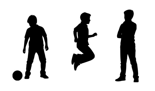 Silhouette of boy with soccer ball, boy jumping mid-air, and boy standing with arms crossed showing different playful poses and actions for kids and sports theme in isolated white background.