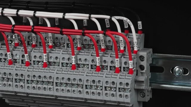Electrical terminals with connected insulated copper wires with metal lugs. Marking with a thermal printer. 