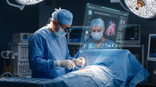 A surgeon in blue scrubs and a mask performs a precise operation in a modern operating room with advanced medical technology