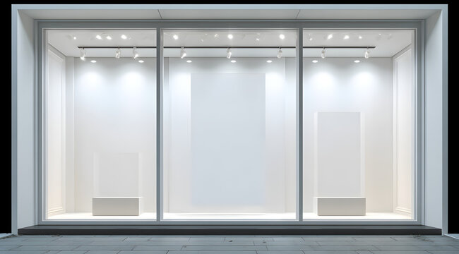 Modern storefront window display with bright lights and empty white interior for retail or exhibition