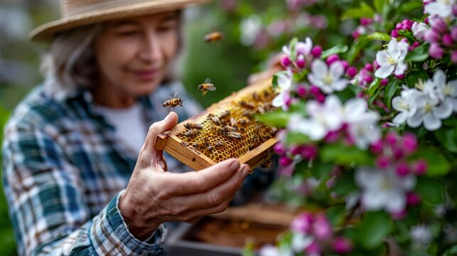Beekeeping in spring orchard with honeycomb frame raised from active hive