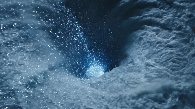 Abstract Blue Water Vortex - This stock video showcases a swirling vortex of blue water, with light catching the droplets and creating a dynamic, almost ethereal feel.