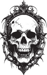Fototapeta premium Vintage Engraving Skull Illustration in Gothic Thorny Ornate Frame. Human skull inside decorative gothic frame with thorns and eyes