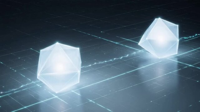Abstract glowing geometric shapes on grid symbolizing ecological sustainability and green energy