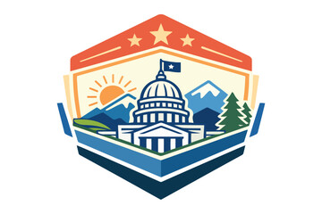 A stylized emblem featuring a capitol building dome against a backdrop of mountains and a sun © mdalhazsarkar