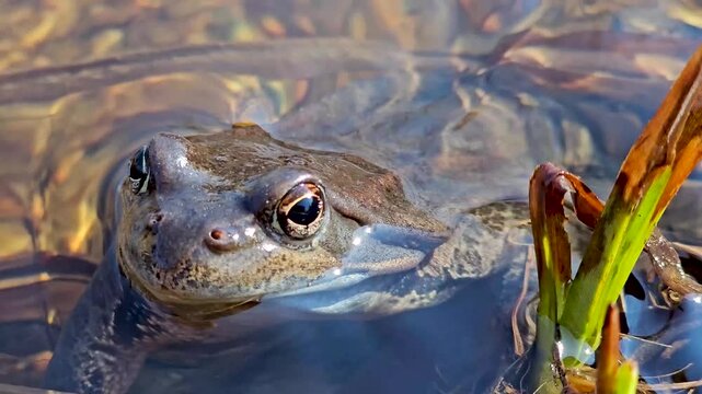 An ordinary frog is lying in a pond on a spring day