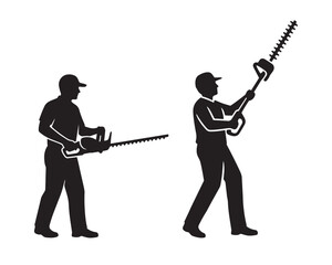 Naklejka premium Silhouettes of a gardener using a hedge trimmer in two different positions, side view