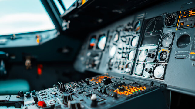 Aircraft cockpit interior showcasing complex flight controls, glowing buttons, and traditional instruments, representing flight navigation and precision