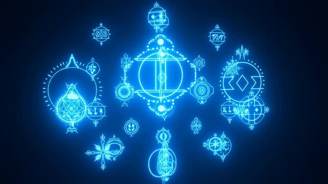 Slow motion zoom tracking of glowing magical sigils converging and expanding over dark studio background