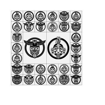 Collection of intricate black and white circular tribal mask designs