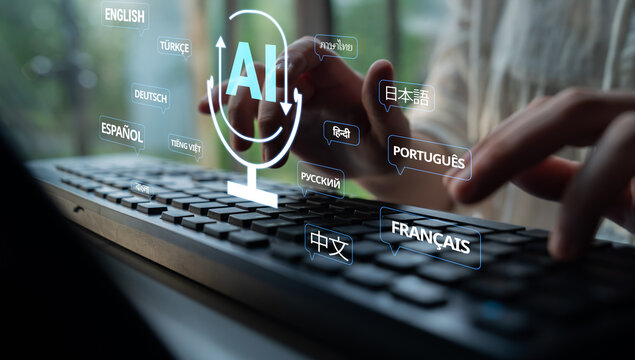 Hands Typing on Keyboard with AI Voice Recognition and Multilingual Language Icons in a Modern Office Setting Quark.