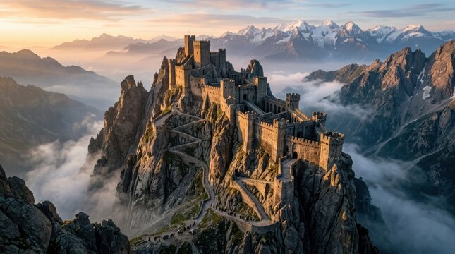 Ancient stone fortress perched on jagged rocky peaks shrouded in morning mist, towering walls and battlements carved from granite, winding switchback paths climbing the cliff face,