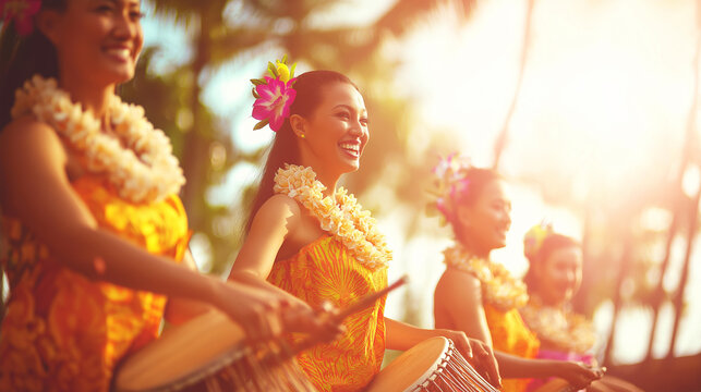 Hawaiian women celebrating their culture, performing lively hula dance and drumming, expressing joy and tradition on island