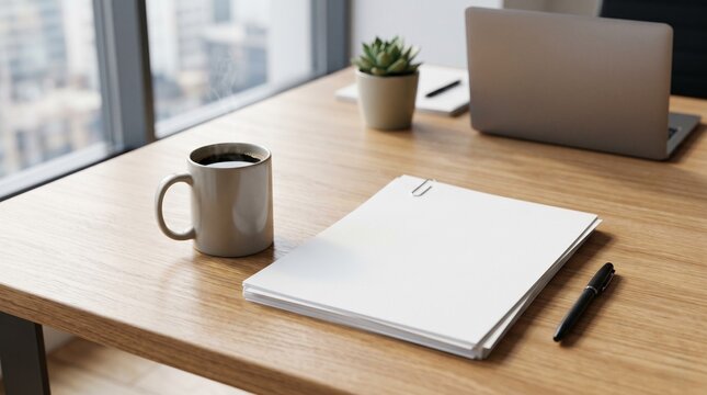 Neat Documents and Coffee Mug on a Modern Wooden Office Desk