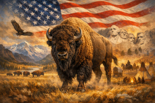 The American flag and the Wyoming state flag wave side-by-side against a blue sky, symbolizing federal unity, Western heritage, frontier spirit, patriotic pride, and the vast freedom of the plains.