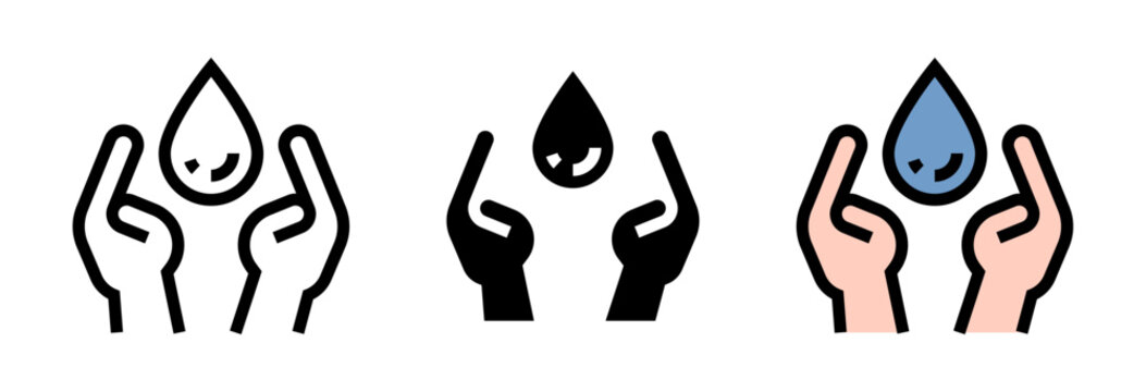 Conjunto de iconos de cuidado del agua. Protecci&oacute;n h&iacute;drica, manos responsables, conservaci&oacute;n del recurso, uso consciente, sostenibilidad vital. Ilustraci&oacute;n vectorial