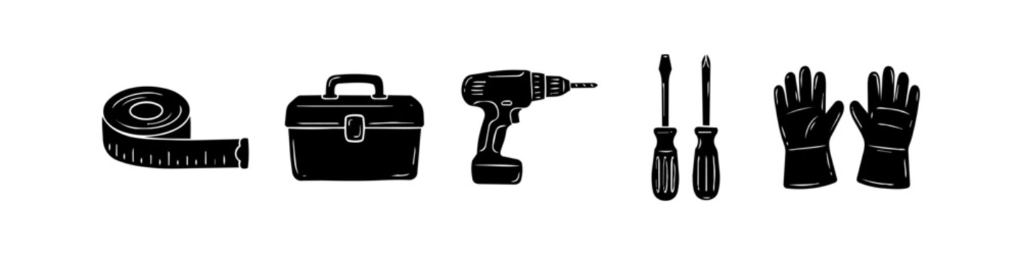 Black silhouette collection of home improvement tools: measuring tape, toolbox, electric drill, screwdrivers, and work gloves. Ideal for DIY, construction, and repair projects.