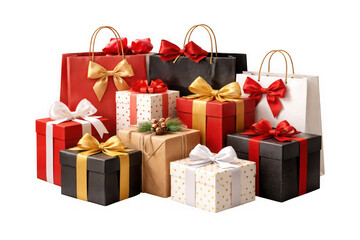 Fototapeta premium Group of colorful christmas gift boxes and shopping bags isolated on transparent background