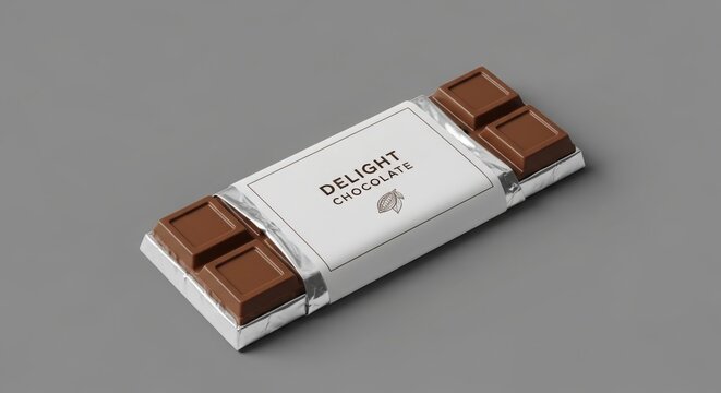 Delight chocolate bar in white paper packaging, milk chocolate candy with silver foil wrapper, sweet cocoa snack mockup for branding isolated on White Background