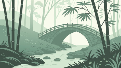 Naklejka premium A serene vector illustration of a stone bridge over a stream in a misty forest with bamboo trees and lush greenery