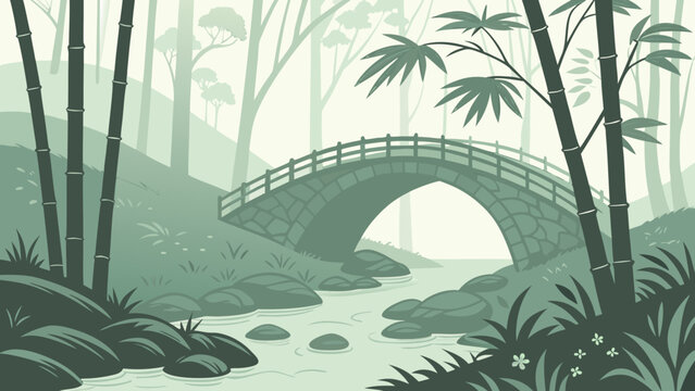 A serene vector illustration of a stone bridge over a stream in a misty forest with bamboo trees and lush greenery