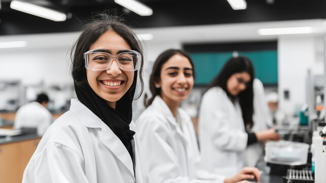 Smiling young woman student wearing safety glasses and lab coat in a modern science laboratory