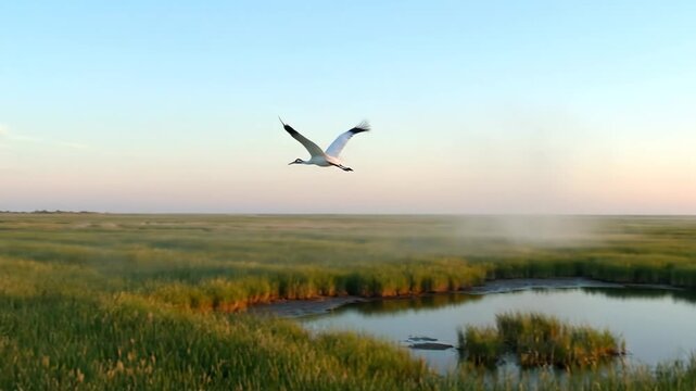 A majestic bird soars gracefully over a serene marshland at sunrise capturing the tranquil beauty of natures awakening