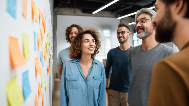 Diverse team brainstorming, discussing business ideas, collaborating around sticky notes in a modern office