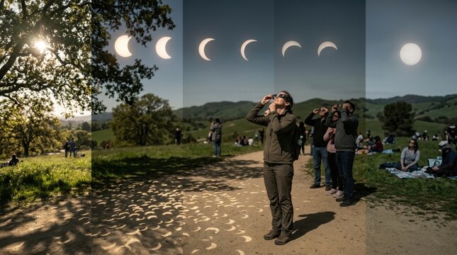Partial solar eclipse progression across multiple hours, sun's disc increasingly covered by moon's shadow creating crescent shapes, warm sunlight filtered through trees casting