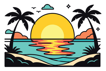 Obraz premium A vibrant and artistic illustration of a tropical sunset over the calm ocean with palm trees.