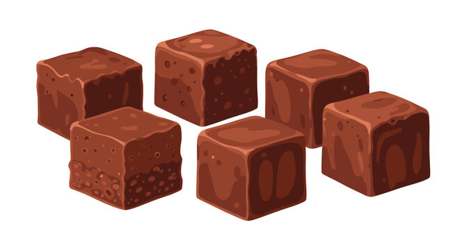 Six perfectly portioned squares of rich, dense chocolate fudge brownies are scattered, highlighting their decadent texture, ideal for a sweet treat.