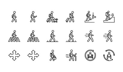 Walking people 15 icon set motion travel pedestrian outline vector © MSTROTNA