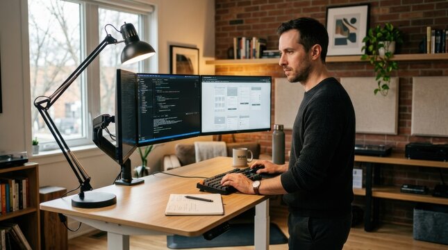 Male freelancer working at a standing desk in a modern home office, multiple monitors displaying code or design work, ergonomic setup with desk lamp and peripherals, concentration