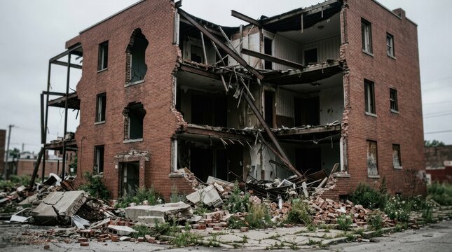 Partially collapsed residential building with gaping holes in brick walls, tilted structural beams visible against sky, scattered concrete blocks and twisted metal scattered at