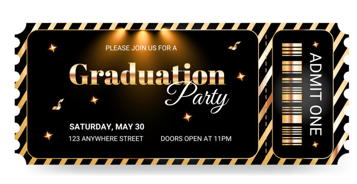Graduation party invitation template on a white background. Vector black and gold single-entry ticket with a tear-off code