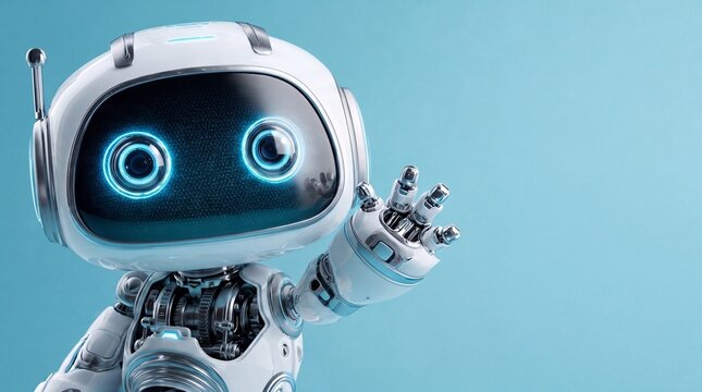 Friendly 3D white robot character waving a hand on blue background