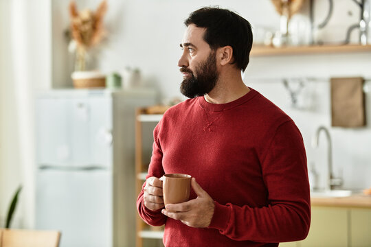 Handsome man enjoying a warm drink in his cozy modern kitchen at home