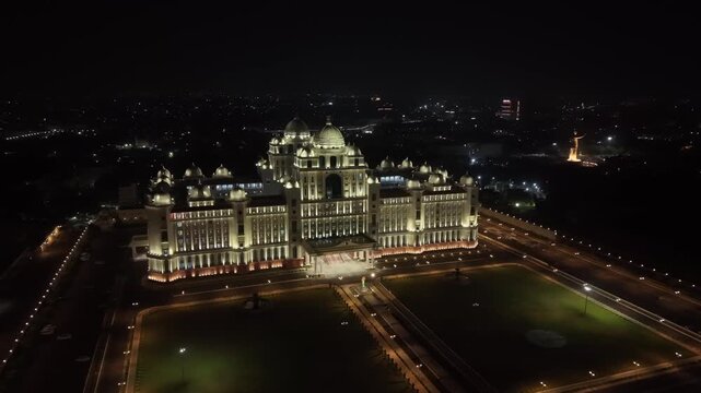 Aerial night shot of secretariat of Telangana and Hyderabad, India