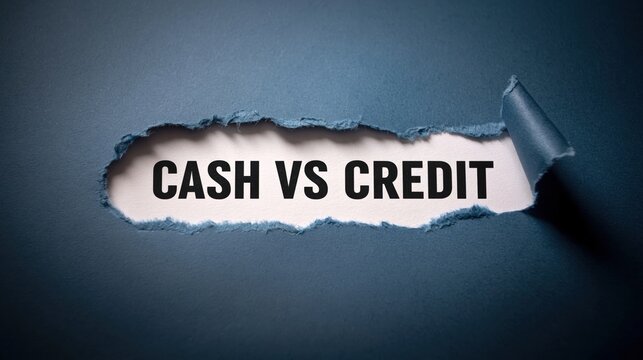 Cash vs Credit a Financial Decision and Payment Method Concept. A Comparison of Money and Lending on a Torn Paper Background.