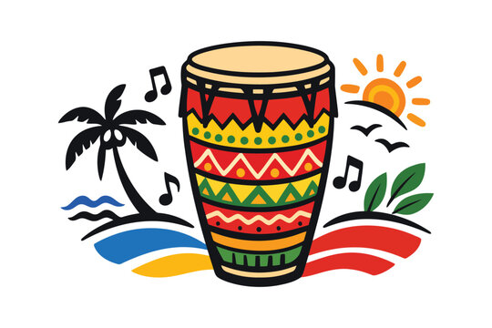 A colorful illustration of a tropical conga drum set in a festive sunny island beach landscape