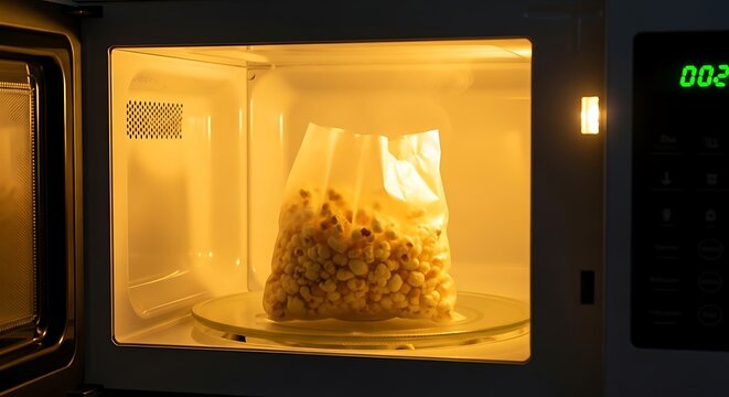 Bag of popcorn popping inside a lit microwave oven