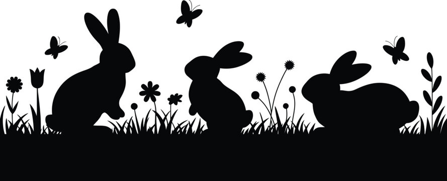 Black silhouette of three rabbits with flowers and butterflies on white