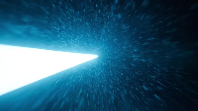 Futuristic tunnel, glowing blue exit, speed of light, abstract background