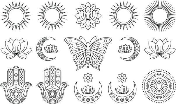 Collection of celestial and floral line art symbols