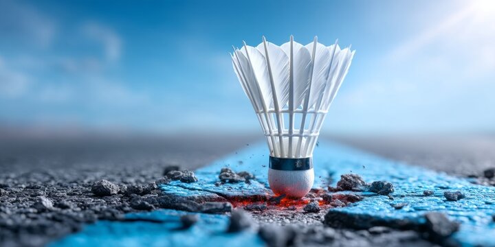 White Featherless Shuttlecock Standing Upright on Cracked Asphalt Surface