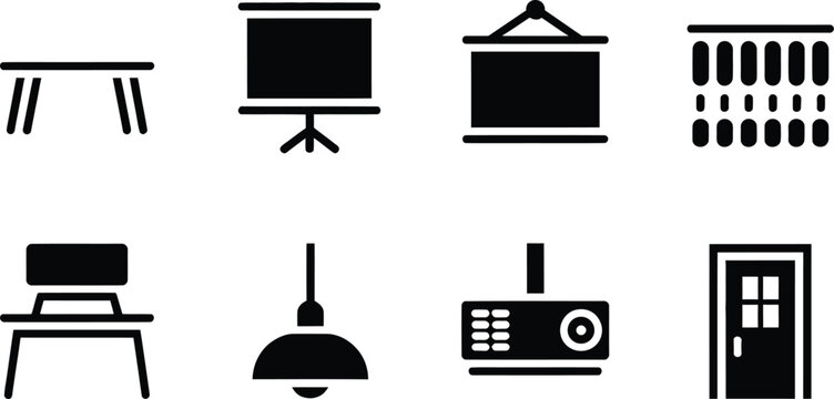 Eight black icons of office and classroom furniture and equipment